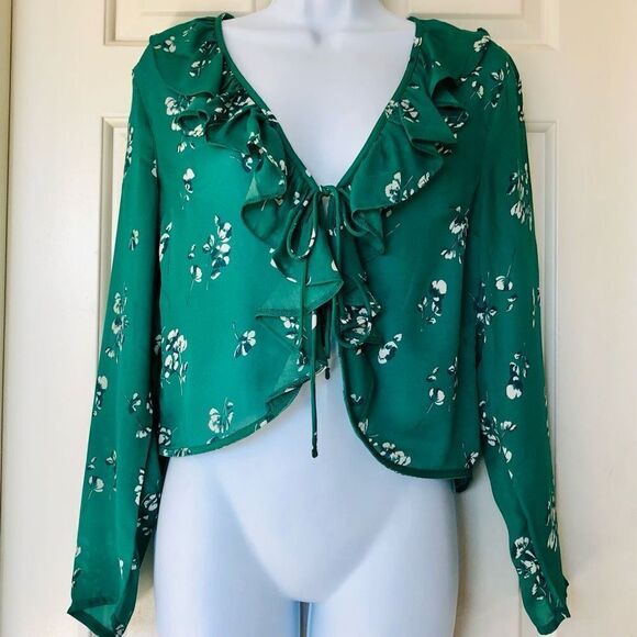 Abercrombie & Fitch Green V-Neck Ruffle Tie Blouse - Picture 1 of 12